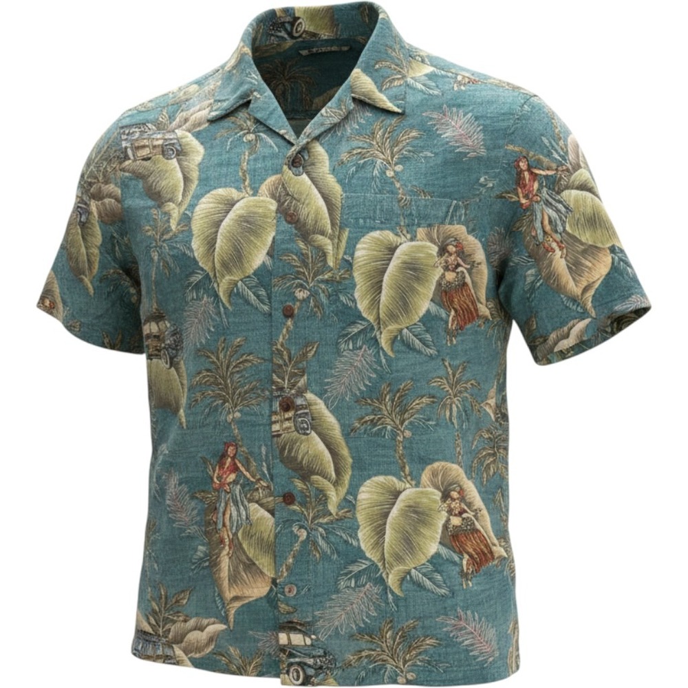 Campia Moda Mens XXL Hawaiian Shirt Teal Hula Girl Woodie Wagon Rayon Aloha 4483